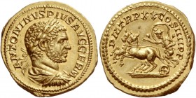 Caracalla, 198 – 217
Aureus 217, AV 6.54 g. ANTONINVS PIVS AVG GERM Laureate, draped and cuirassed bust r. Rev. P M TR P XX COS IIII P P Diana, with ...