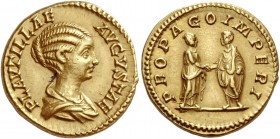 Plautilla, wife of Caracalla
Aureus 202-205, AV 7.25 g. PLAVTILLAE – AVGVSTAE Draped bust r.; hair in bun at back. Rev. PROPAGO IMPERI Caracalla and ...
