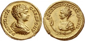 Geta caesar, 198 – 209
Aureus 200, AV 6.95 g. P SEPT GETA – CAES PONT Bare-headed, draped and cuirassed bust r. Rev. SEVERI INVICTI AVG PII FIL Half-...