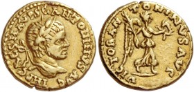 Elagabalus 218 – 222
Quinarius, uncertain eastern mint circa 219, AV 3.74 g. IMP CAES M AVR SE ANTONINVS AVG Laureate head r. Rev. VICTOR AN – TONINV...