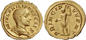 Philip II caesar, 244 – 247
Aureus 245-246, AV 4.35 g. M IVL PHILIPPVS CAES Bare-headed and draped bust r. Rev. PRINCIPI I
– VVENT Philip II, in mil...