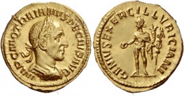Trajan Decius, 249 – 251
Aureus 249-251, AV 5.00 g. IMP C M Q TRAIANVS DECIVS AVG Laureate and cuirassed bust r. Rev. GENIVS EXERC ILLVRICIANI Genius...