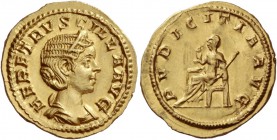 Herennia Etruscilla, wife of Trajan Decius.
Aureus 249-251, AV 4.23 g. HER ETRVSCILLA AVG Diademed and draped bust r. Rev. PVDICITIA AVG Pudicitia ve...