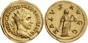 Trebonianus Gallus, 251 – 253
Binio June-November 251, AV 5.66 g. IMP CAE C VIB TREB GALLVS AVG Radiate, draped and cuirassed bust r. Rev. SALVS AVGG...