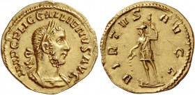 Gallienus, 253 – 268
Aureus 253-254, AV 3.33 g. IMP C P LIC GALLIENVS AVG Laureate and cuirassed bust r. Rev. VIRTVS AVGG Soldier standing l., holdin...