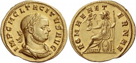 Tacitus, 275 – 276
Aureus, Ticinum 275-276, AV 4.88 g. IMP C M CL TACITVS AVG Laureate, draped and cuirassed bust r. Rev. ROMAE – AET – ERNAE Roma se...