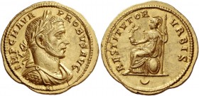 Probus, 276 – 282
Aureus, Tripolis 276-282, AV 6.03 g. IMP C M AVR – PROBVS AVG Laureate, draped and cuirassed bust r. Rev. RESTITVTOR – VRBIS Roma s...