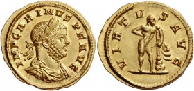 Carinus, 283 – 285
Aureus 284, AV 4.55 g. IMP CARINVS P F AVG Laureate, draped and cuirassed bust r. Rev. VIRTV – S AVG Hercules standing r., leaning...