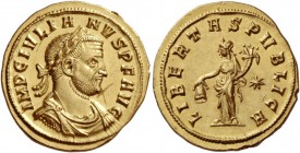 Julian I of Pannonia, October – December 284
Aureus, Siscia circa 284, AV 4.24 g. IMP C IVLIA-NVS P F AVG Laureate, draped and cuirassed bust r. Rev....
