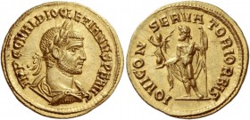 Diocletian, 284-305
Aureus, Cyzicus 284-286, AV 4.63 g. IMP C C VAL DIOCLETIANVS P F AVG Laureate, draped and cuirassed bust r. Rev. IOVI CON – SERVA...