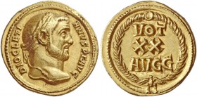 Diocletian, 284-305
Aureus, Aquileia 296-299, AV 5.34 g. DIOCLETI – ANVS P F AVG Laureate head r. Rev. VOT / XX / AVGG within wreath closed at base w...