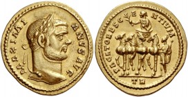 Maximianus augustus, first reign 286 – 305
Aureus, Treveri circa 295-305, AV 5.47 g. MAXIMI – ANVS AVG Laureate head r. Rev. PACATORES G – E – NTIVM ...