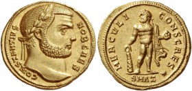Constantius I Chlorus caesar, 293 – 305
Aureus, Antiochia circa 293, AV 5.31 g. CONSTANTIVS – NOB CAES Laureate head r. Rev. HERCVLI – CONS CAES Herc...