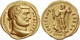 Galerius Maximianus caesar, 293 – 305
Aureus, Antiochia 293-295, AV 5.38 g. MAXIMIANVS – NOB CAES Laureate head r. Rev. IOVI CONS – CAES * Jupiter, n...