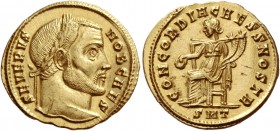 Severus II caesar, 305 – 306
Aureus, Ticinum 305-306, AV 4.63 g. SEVERVS – NOB CAES Laureate head r. Rev. CONCORDIA CAESS NOSTR Concordia seated l., ...