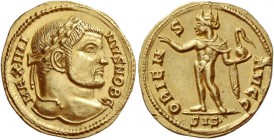 Maximinus II Daia caesar, 305 – 309
Aureus, Siscia 308, AV 5.55 g. MAXIMI – NVS NOB C Laureate head r. Rev. ORIEN – S – AVGG Sol, radiate, standing l...