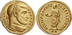 Maxentius, 307 – 312
Aureus circa 308, AV 5.39 g. MAXENTI – VS P F AVG Laureate head r. Rev. FELIX PROCESS – CONSVLAT AVG N The Emperor standing faci...