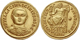 Licinius II caesar, 317 – 324
Aureus, Antiochia 321–322, AV 5.27 g. DN VAL LICIN LICINIVS NOB C Draped and cuirassed bust facing. Rev. IOVI CONSER – ...
