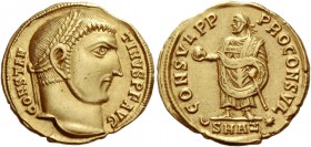 Constantine I, 307 – 337
Aureus, Antiochia circa 310-311, AV 5.24 g. CONSTAN – TINVS P F AVG Laureate head r. Rev. CONSVL P P – PRO CONSVL Emperor, t...