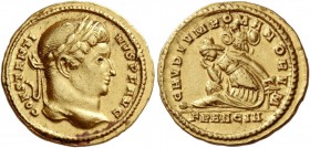 Constantine I, 307 – 337
Solidus, Treveri circa 310-313, AV 4.52 g. CONSTANTI – NVS P F AVG Laureate head r. Rev. GAVDIVM ROMANORVM Francia seated l....