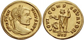 Constantine I, 307 – 337
Aureus, Siscia Summer 311-313, AV 5.40 g. CONSTAN – TINVS AVG Laureate head r. Rev. IOVI – CONS – ERVATORI Jupiter standing ...
