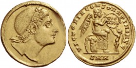 Constantine I, 307 – 337
Nine Siliqua or 1 1/2 Scripulum, Nicomedia 335, AV 1.73 g. Rosette-diademed head r. Rev. VICTORIA CONSTANTINI AVG Victory se...