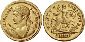 Crispus caesar, 316 – 326
Solidus, Nicomedia 324-325, AV 4.43 g. FL IVL CRIS – PVS NOB CAES Laureate heroic bust l., holding spear pointing forward a...