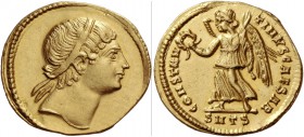 Constantine II caesar, 316 – 337
Solidus, Thessalonica 326, AV 4.37 g. Diademed head r. Rev. CONSTAN – TINVS CAESAR Victory advancing l., holding wre...