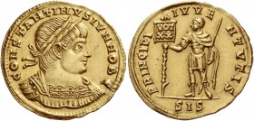 Constantine II caesar, 316 – 337
Solidus, Siscia 326-327, AV 4.38 g. COSTANTINVS IVN NOB C Laureate and cuirassed bust r. Rev. PRINCIPI – IVVE – NTVT...