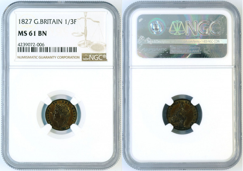 Great Britain - 1/3 farthing 1827 - NGC MS-61 BN