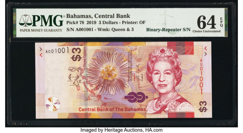 Binary Repeater Serial Number 001001 Bahamas Central Bank 3 Dollars 2019 Pick 78...