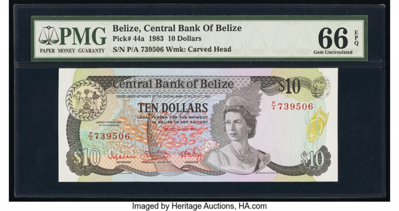Belize Central Bank 10 Dollars 1.7.1983 Pick 44a PMG Gem Uncirculated 66 EPQ. 

...