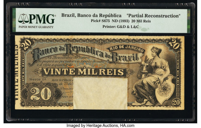 Brazil Banco da Republica 20 Mil Reis 1893 Pick S675 Partial Reconstruction PMG ...