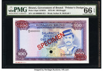 Brunei Government of Brunei 100 Ringgit ND (1972-88) Pick 10s KNB10S Specimen PMG Gem Uncirculated 66 EPQ. Ted Specimen & TDLR overprints along with o...