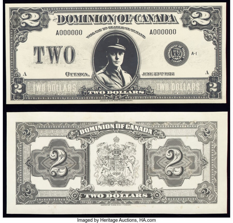 Canada Dominion of Canada $2 23.6.1922 Pick UNL (DC-26) Front and Back Proofs Cr...