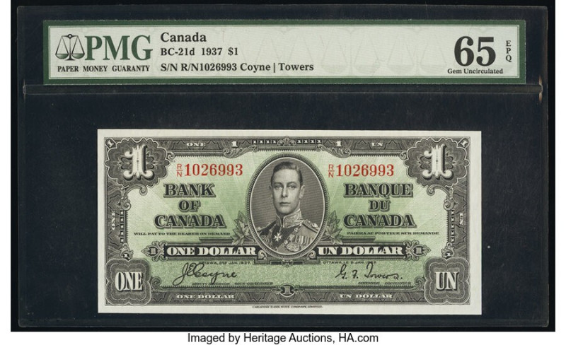 Canada Bank of Canada $1 2.1.1937 Pick 58d BC-21d PMG Gem Uncirculated 65 EPQ. 
...