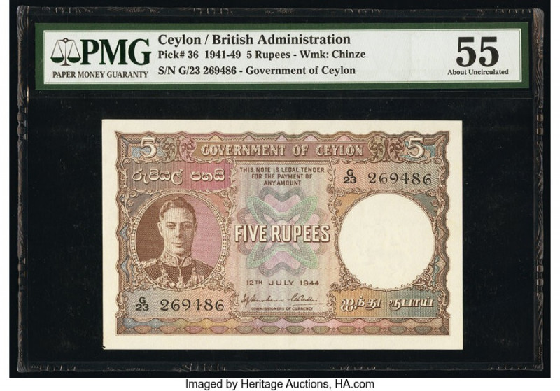 Ceylon Government of Ceylon 5 Rupees 12.7.1944 Pick 36 PMG About Uncirculated 55...
