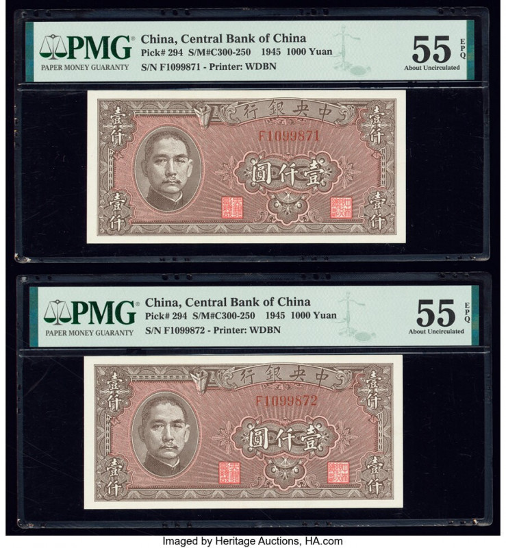 China Central Bank of China 1000 Yuan 1945 Pick 294 S/M#C300-250 Two Consecutive...