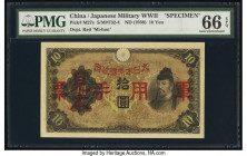 China Japanese Imperial Government 10 Yen ND (1938) Pick M27s S/M#T32-4 Specimen PMG Gem Uncirculated 66 EPQ. Red overprints are seen on this example....