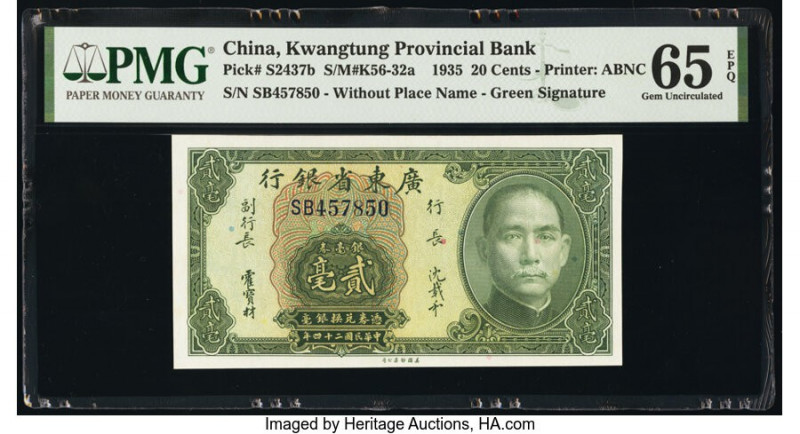 China Kwangtung Provincial Bank 20 Cents 1935 Pick S2437b S/M#K56-32a PMG Gem Un...
