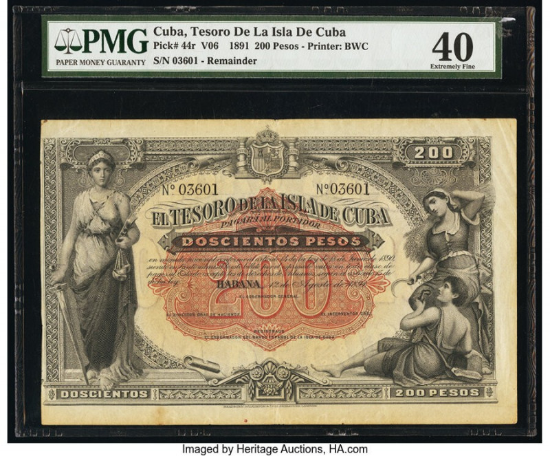 Cuba El Tesoro De La Isla De Cuba 200 Pesos 12.8.1891 Pick 44r Remainder PMG Ext...
