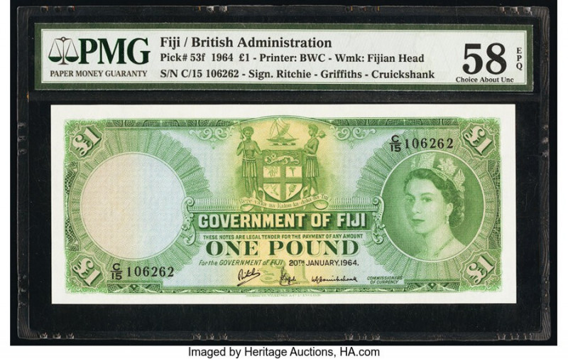Fiji Government of Fiji 1 Pound 20.1.1964 Pick 53f PMG Choice About Unc 58 EPQ. ...