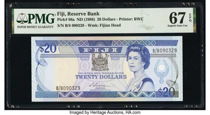 Fiji Reserve Bank of Fiji 20 Dollars ND (1988) Pick 88a PMG Superb Gem Unc 67 EP...