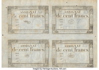 France Republique Francaise 100 Francs ND (1795) Pick A78 Uncut sheet of 4 Examples Extremely Fine-About Uncirculated. Several bugs holes are evident....