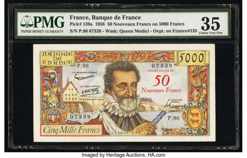France Banque de France 50 Nouveaux Francs on 5000 Francs 30.10.1958 Pick 139a P...