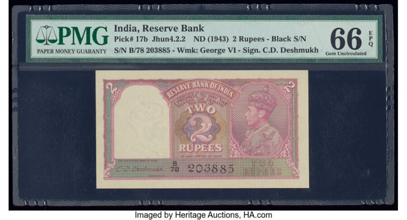 India Reserve Bank of India 2 Rupees ND (1943) Pick 17b Jhun4.2.2 PMG Gem Uncirc...