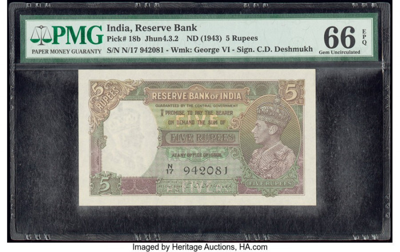 India Reserve Bank of India 5 Rupees ND (1943) Pick 18b Jhun4.3.2 PMG Gem Uncirc...