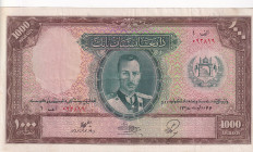 Afghanistan, 1.000 Afghanis, 1939, VF(+), p27A
VF(+)
There are light stains and a tear on the border. 
Estimate: $1000-2000