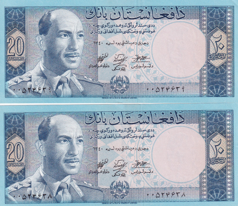 Afghanistan, 20 Afghanis, 1961, AUNC, p38, (Total 2 consecutive banknotes)
AUNC...