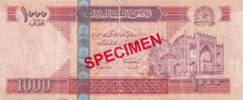 Afghanistan, 1.000 Afghanis, 2008, FINE, p77s, SPECIMEN
FINE
There are stains ...